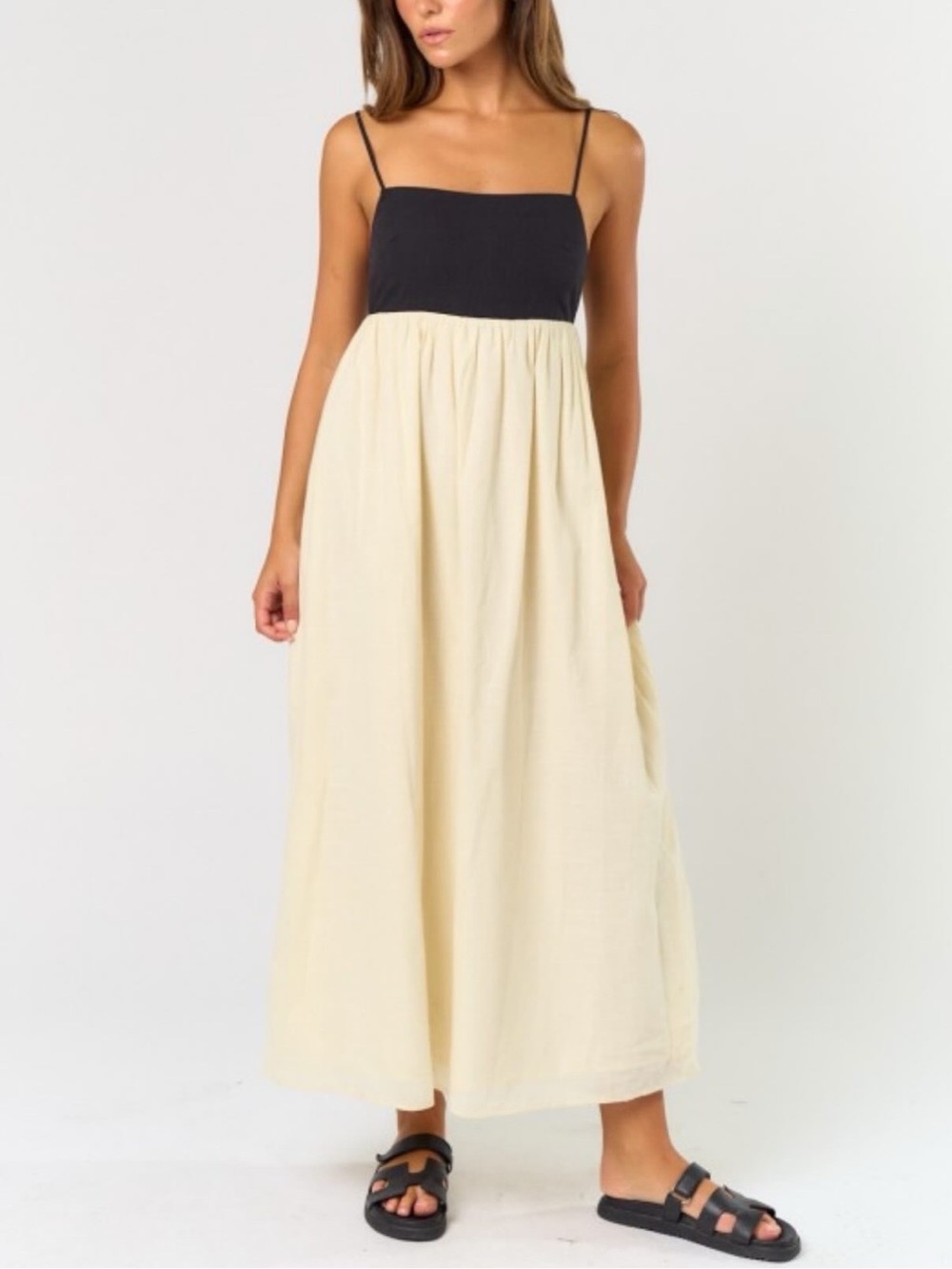 Two-Tone Spaghetti Strap Maxi Dress - Black & Cream